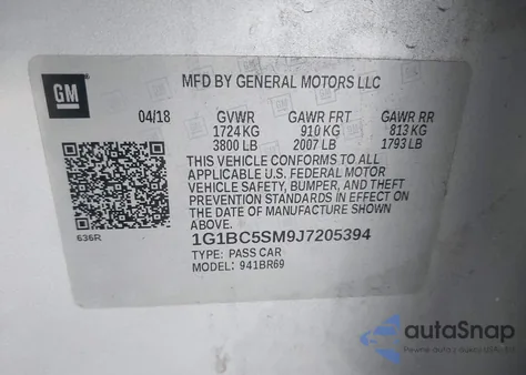 2018 Chevrolet Cruze Ls Auto z USA, uszkodzony, nr VIN 1G1BC5SM9J7205394